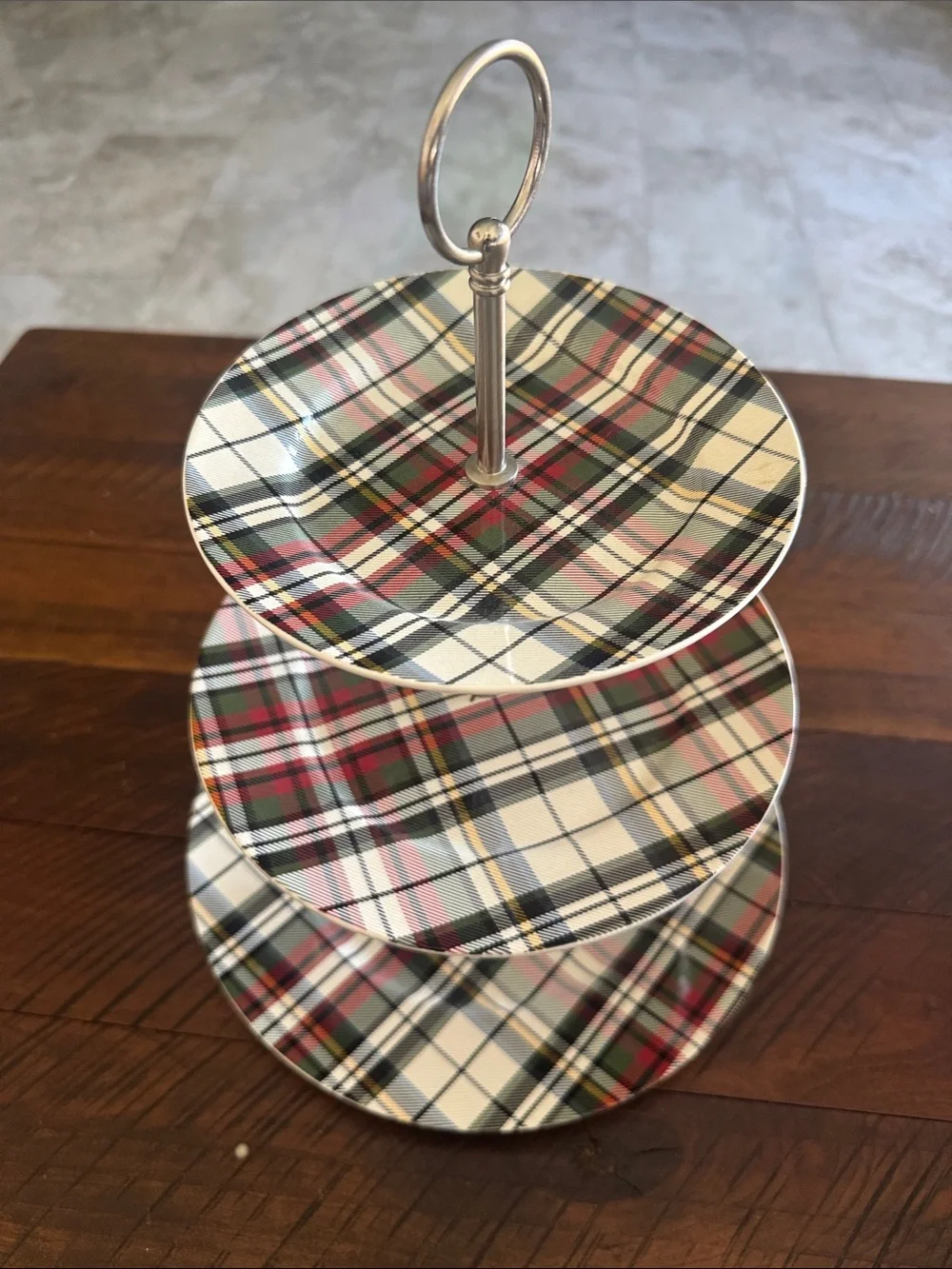 Pottery Barn Plaid 3-Tier Serving Stand - White, Red, Green, Black